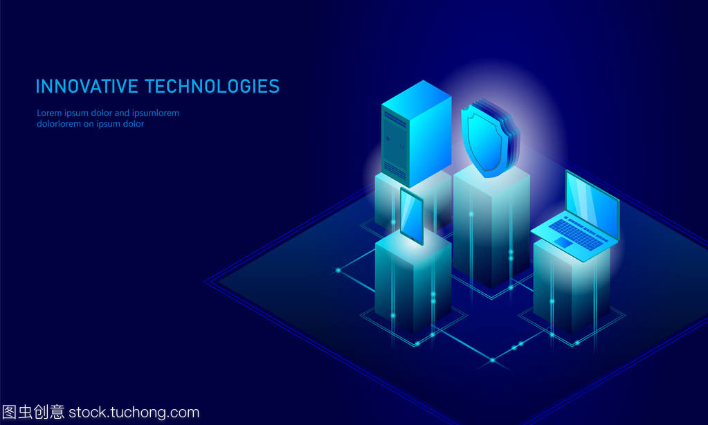 等距互聯(lián)網(wǎng)安全盾的經(jīng)營理念。藍(lán)色發(fā)光等距個人信息數(shù)據(jù)連接 pc 智能手機(jī)未來技術(shù)。3d 圖表矢量圖